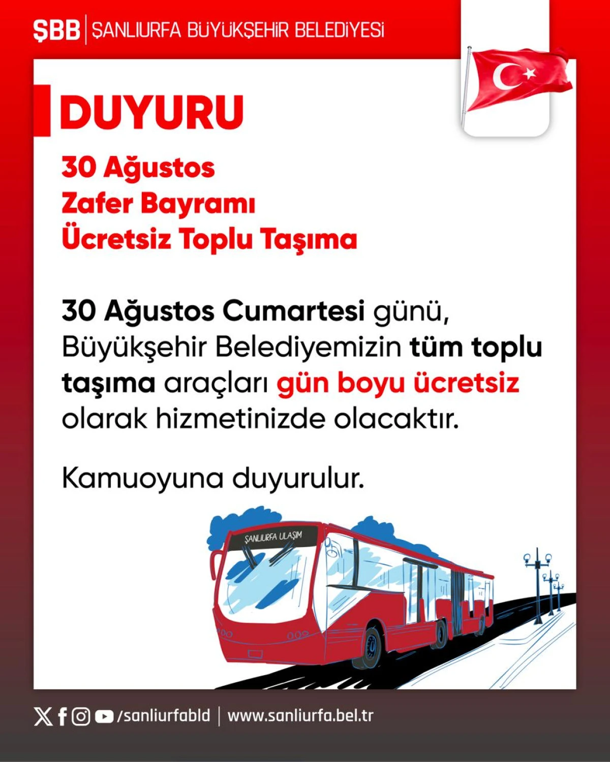 30 Ağustos Zafer Bayramı’nda Şanlıurfa’da Toplu Taşıma Ücretsiz Olacak