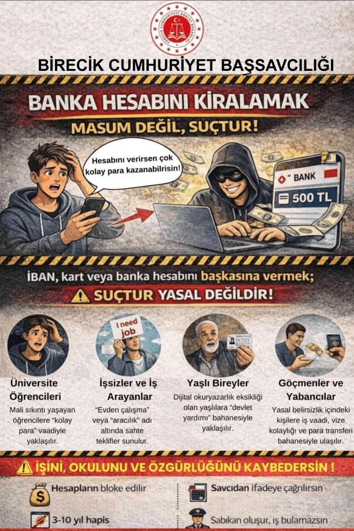 Birecik Cumhuriyet Başsavcılığı&rsquo;ndan &Ouml;nemli Uyarı: &ldquo;Banka Hesabını Kiralamak Su&ccedil;tur&rdquo;