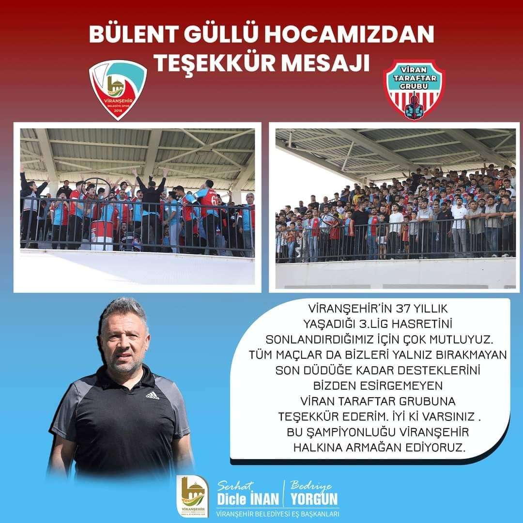 BÜLEND GÜLLÜ, ŞAMPİYON VİRANŞEHİR BELEDİYESPOR,  TARAFTARINA TEŞEKKÜR ETTİ