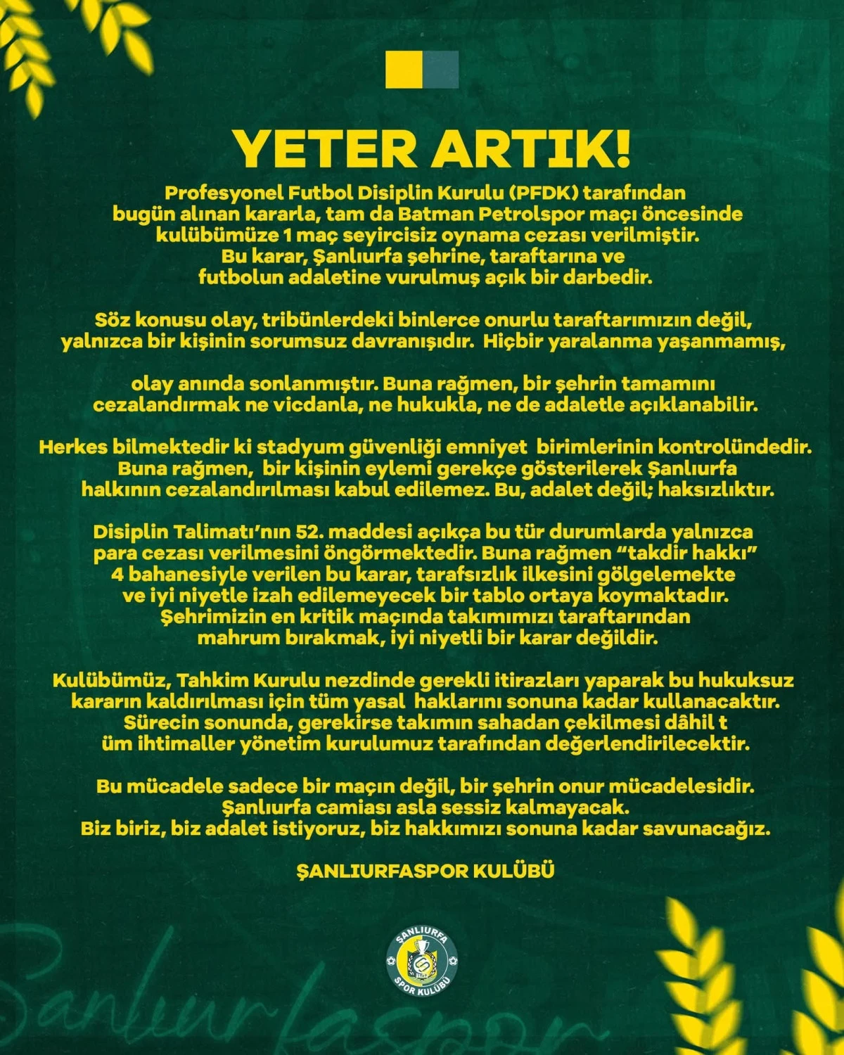 KIZIKAYA TARIM ŞANLIURFASPOR YETER ARTIK DEDİ                                                                    