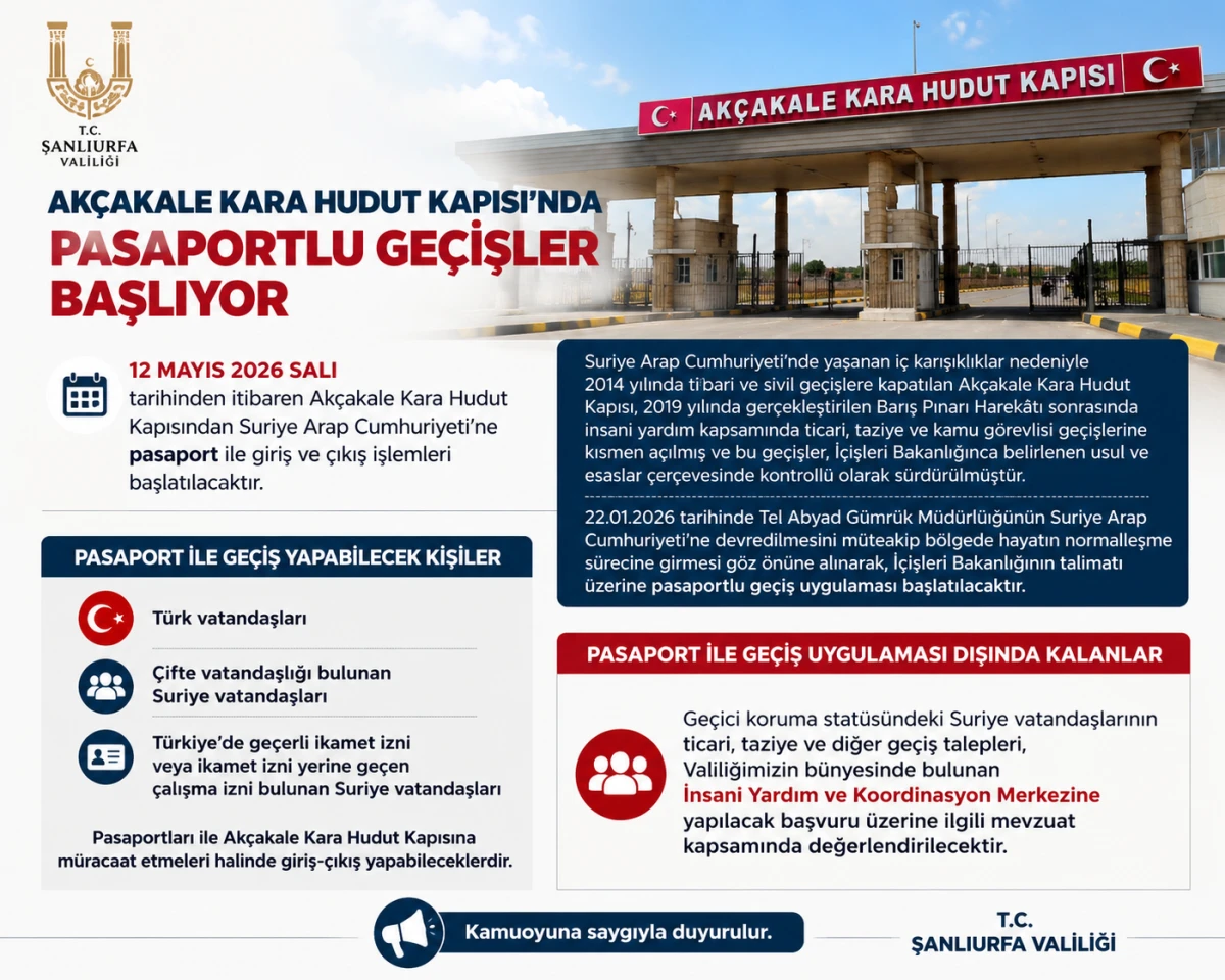 Şanlıurfa Valiliği Duyurdu: Ak&ccedil;akale Sınır Kapısında Pasaportlu Ge&ccedil;işler Başlıyor