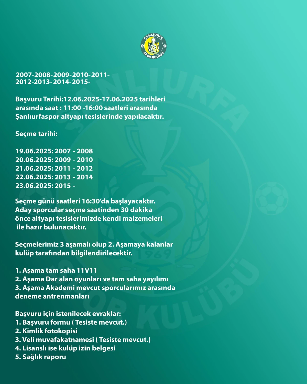 Şanlıurfaspor Altyapı Seçmeleri Başlıyor!