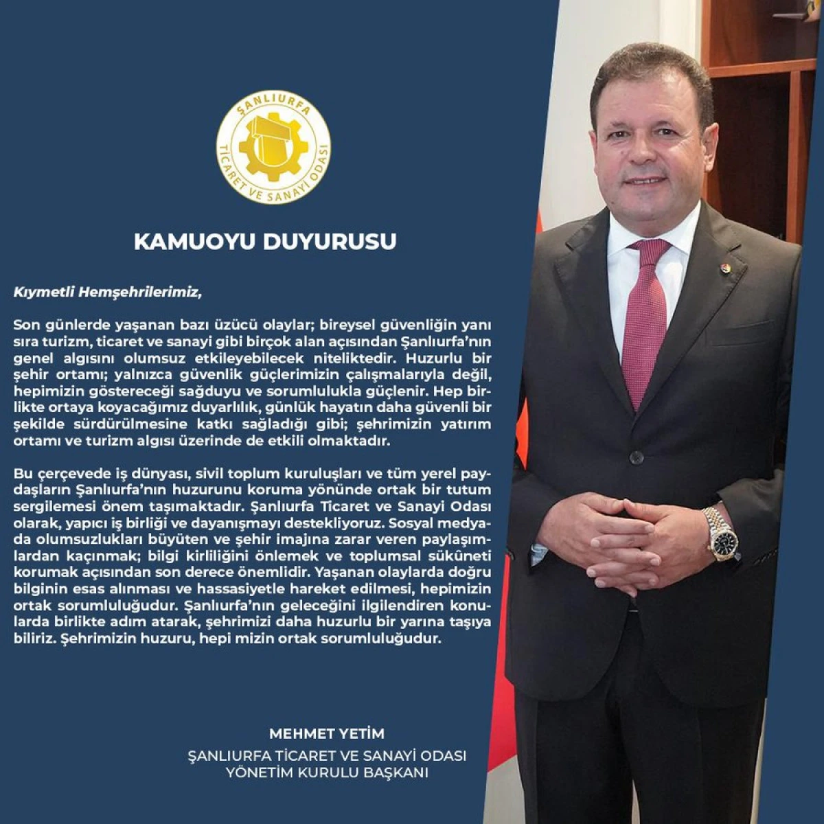 ŞUTSO BAŞKANI MEHMET YETİM’DEN KAMUOYUNA ÖNEMLİ AÇIKLAMA