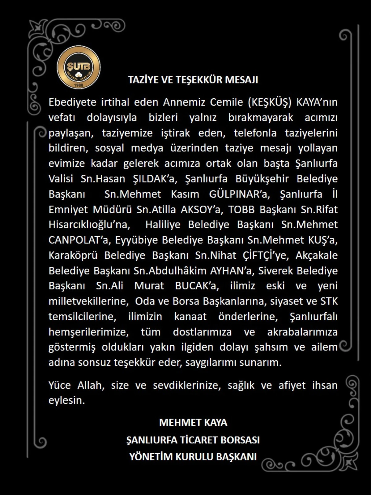  TİCARET BORSASI BAŞKANI KAYA’DAN “TAZİYE TEŞEKKÜR MESAJI”
