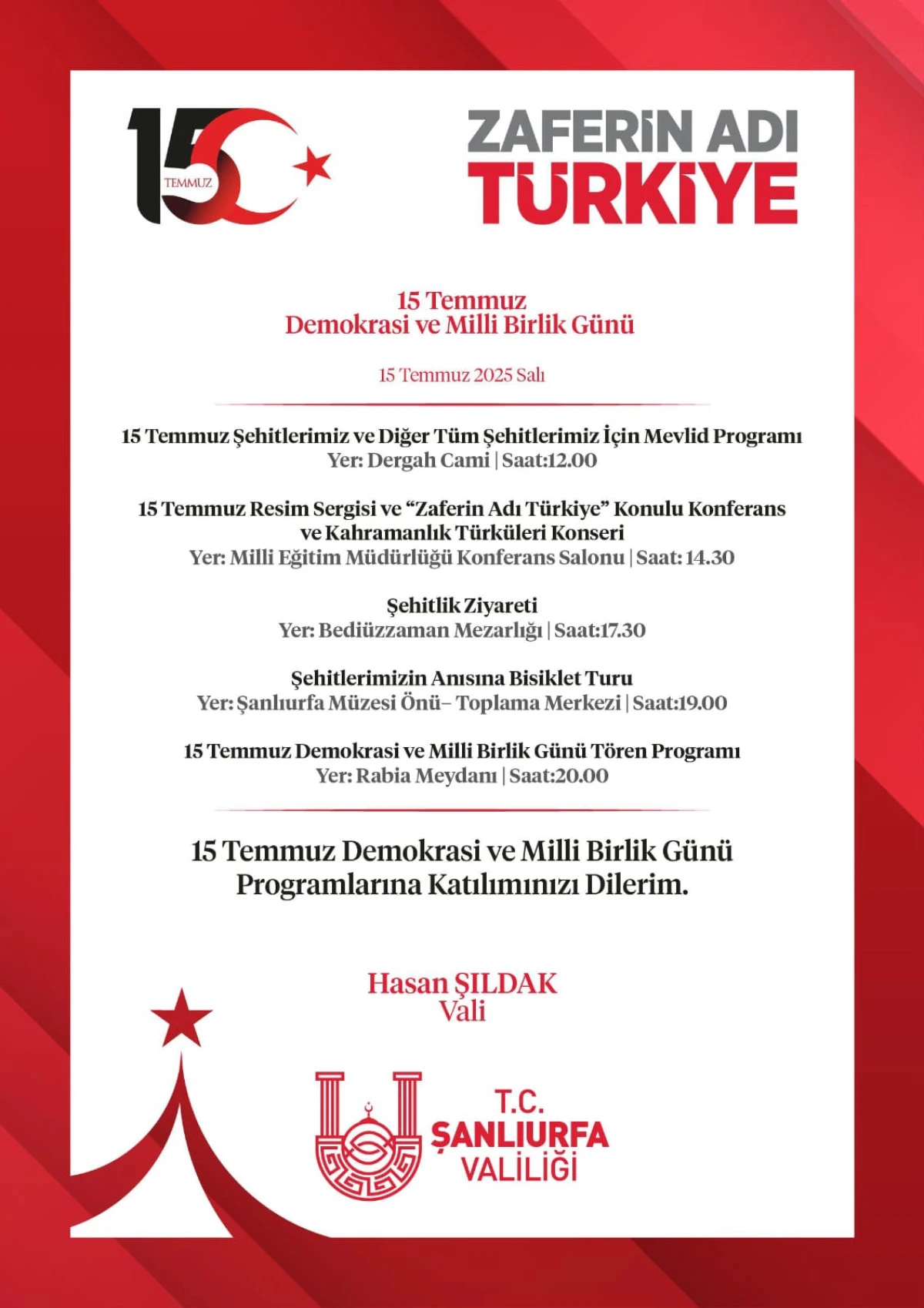 VALİ ŞILDAK BÜTÜN ŞANLIURFALILARI DAVET ETTİ